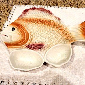 Colorful Ceramic Hand Painted Nautical Fish Serving Platter w/2 dip dishes/bowls